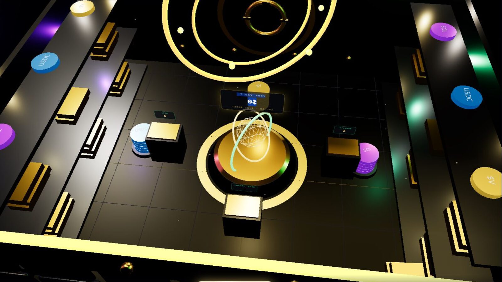 Vaulty treasury podium close-up with golden rings and orbiting wireframe core