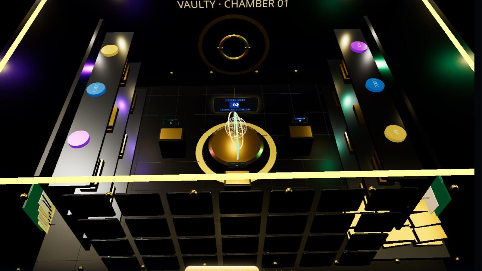 Vaulty Chamber 01 cinematic wide view with treasury podium, holo HUD and token streams